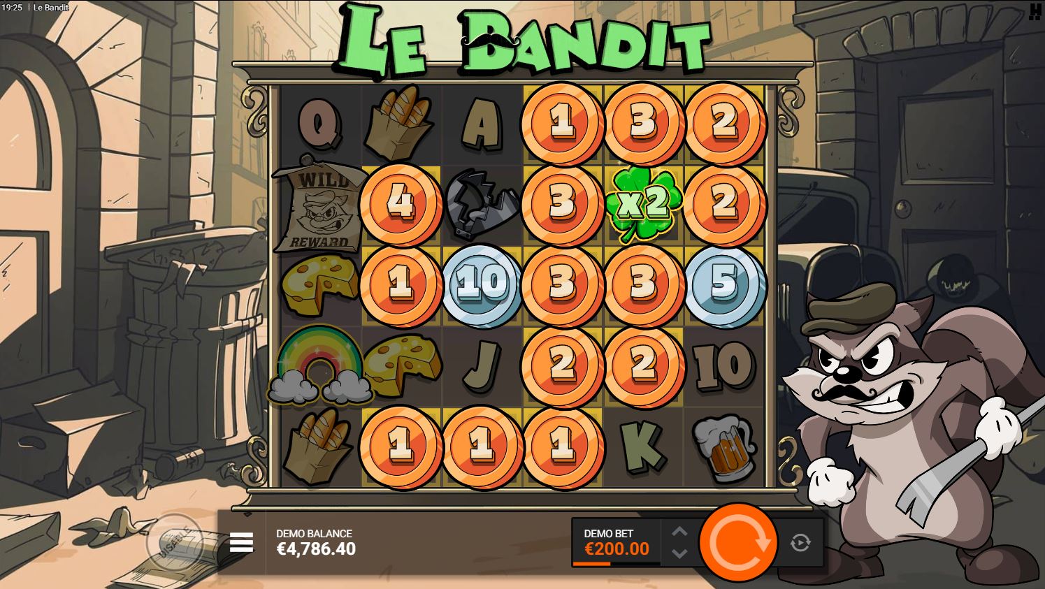 The Rainbow FeatureSpins in Le Bandit with activated Golden Squares, showing bronze, silver coins, and a x2 multiplier.